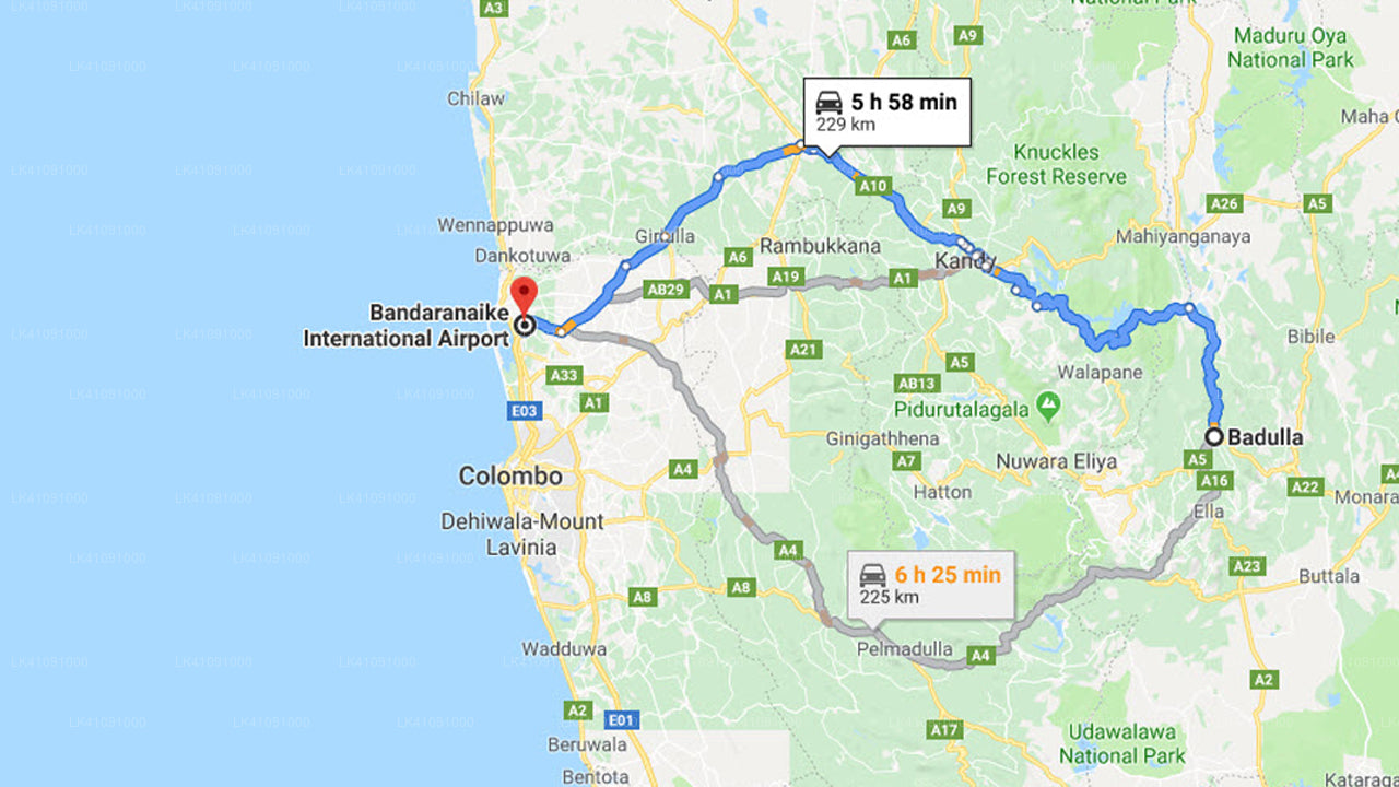 Badulla City to Colombo Airport (CMB) Private Transfer