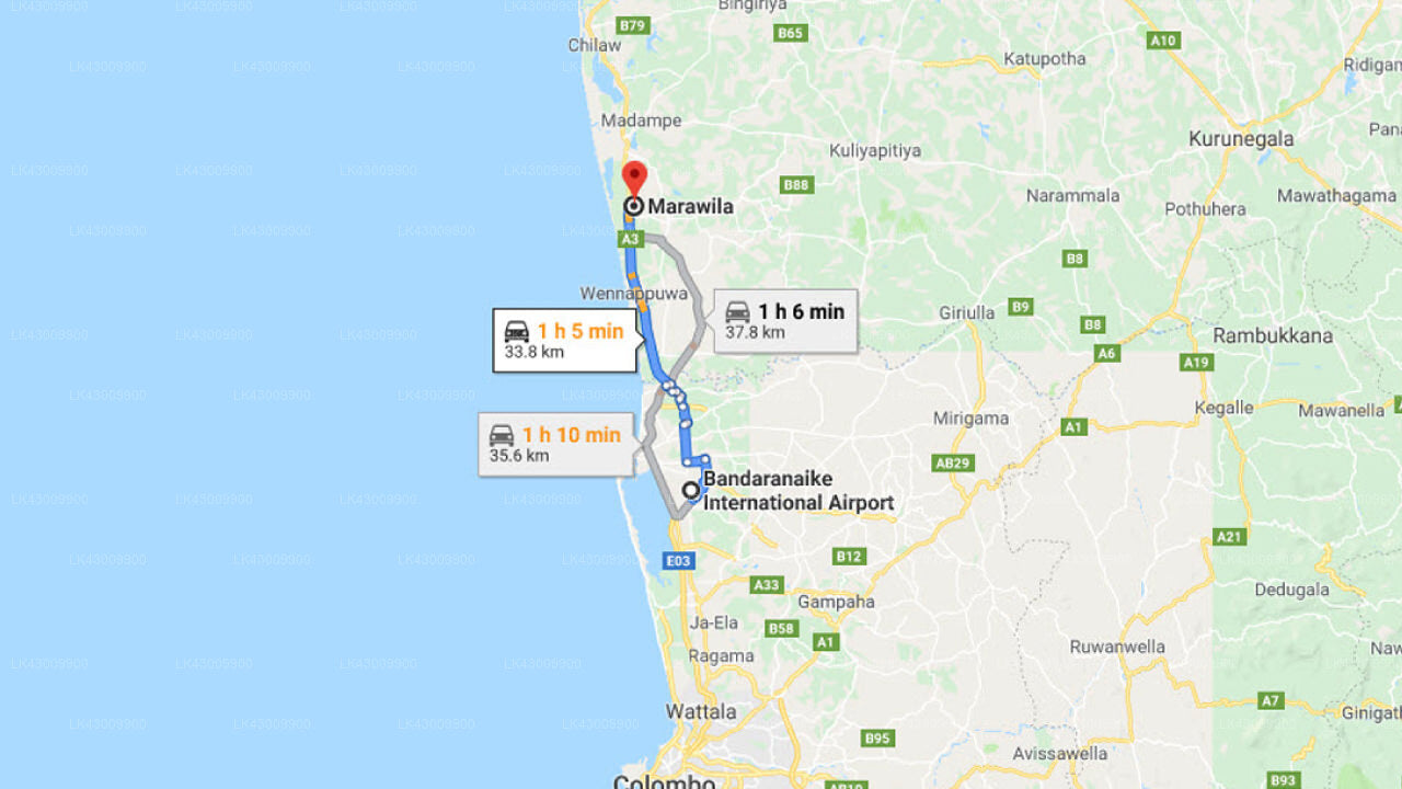 Transfer between Colombo Airport (CMB) and Club Palm Bay Hotel, Marawila