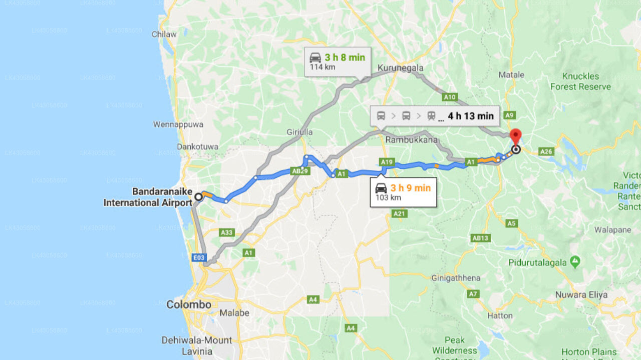 Transfer between Colombo Airport (CMB) and Freedom Lodge, Kandy