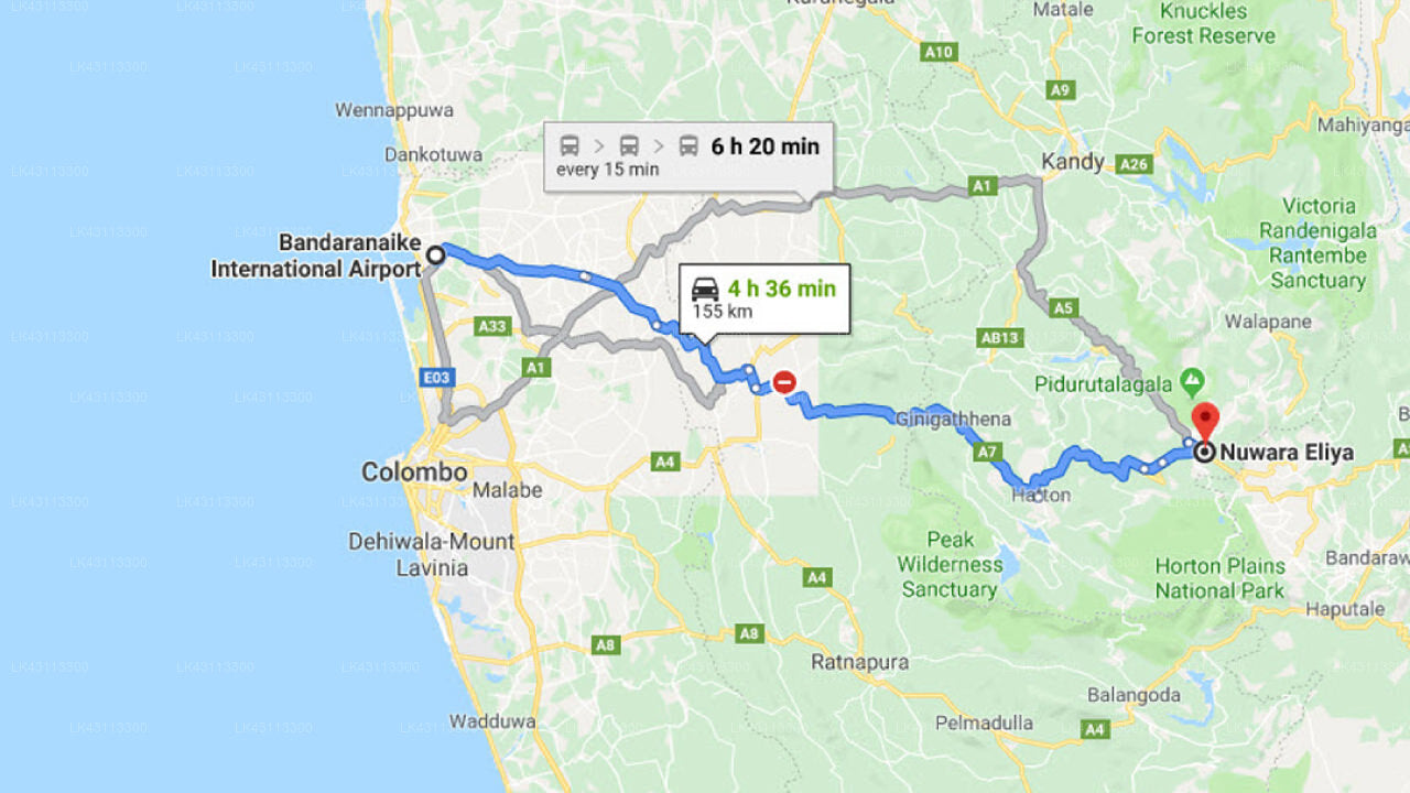 Transfer between Colombo Airport (CMB) and Milano Inn, Nuwara Eliya