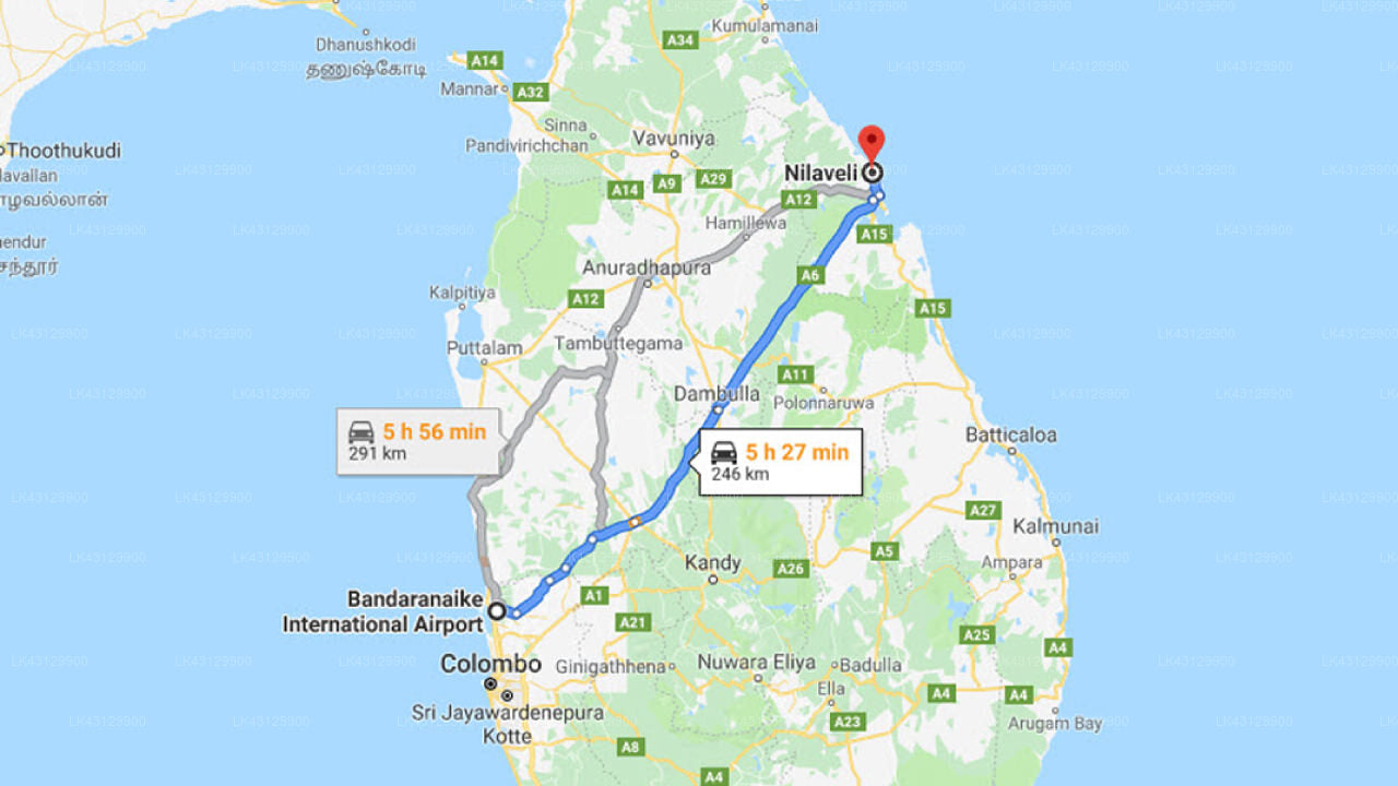 Transfer between Colombo Airport (CMB) and Hotel Coral Bay, Nilaveli