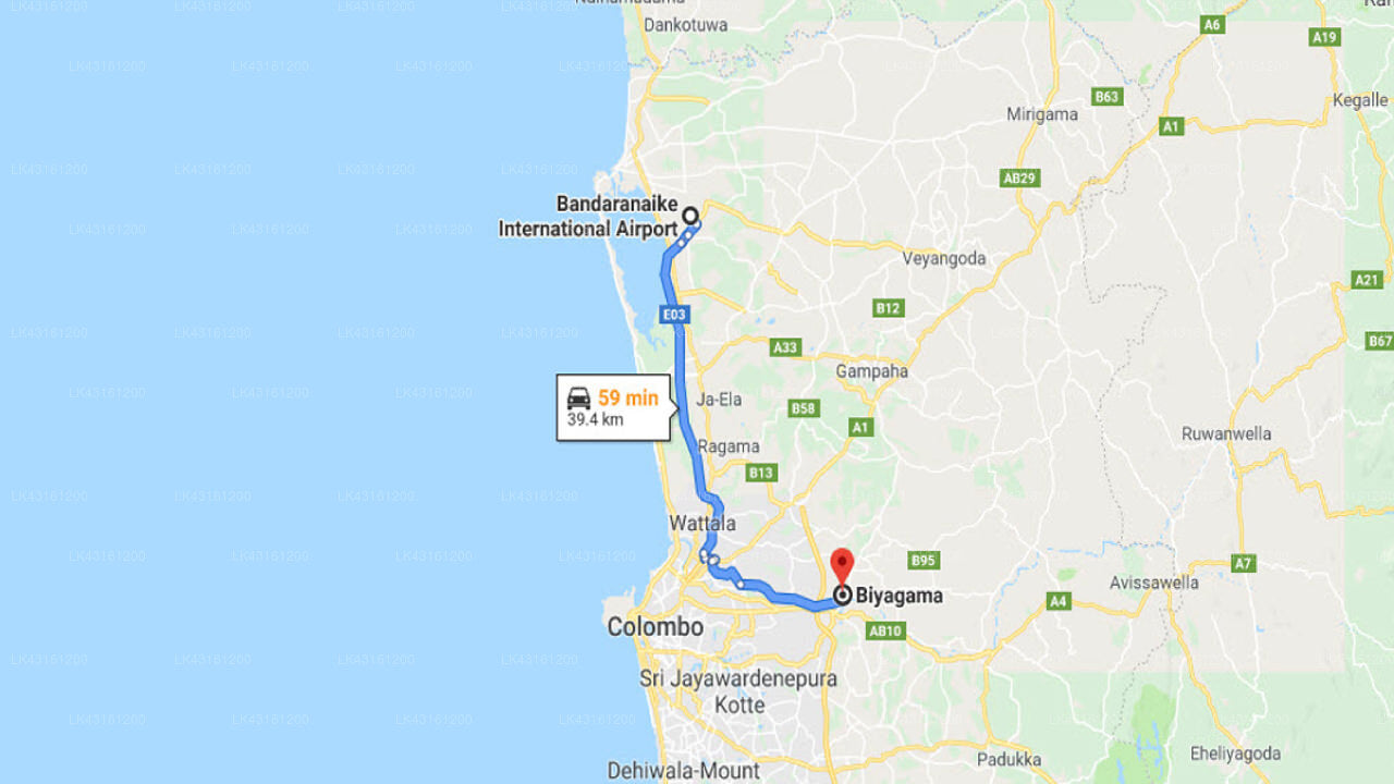 Transfer between Colombo Airport (CMB) and Biyagama Village, Biyagama