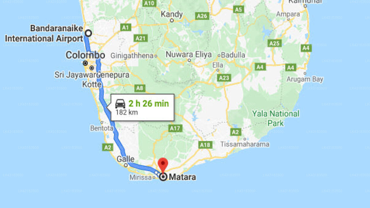 Transfer between Colombo Airport (CMB) and Nishan Surf Guest house, Matara