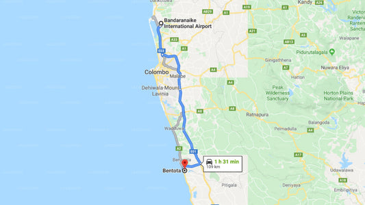 Transfer between Colombo Airport (CMB) and Palm Beach Inn and Sea Shells Cabanas, Bentota