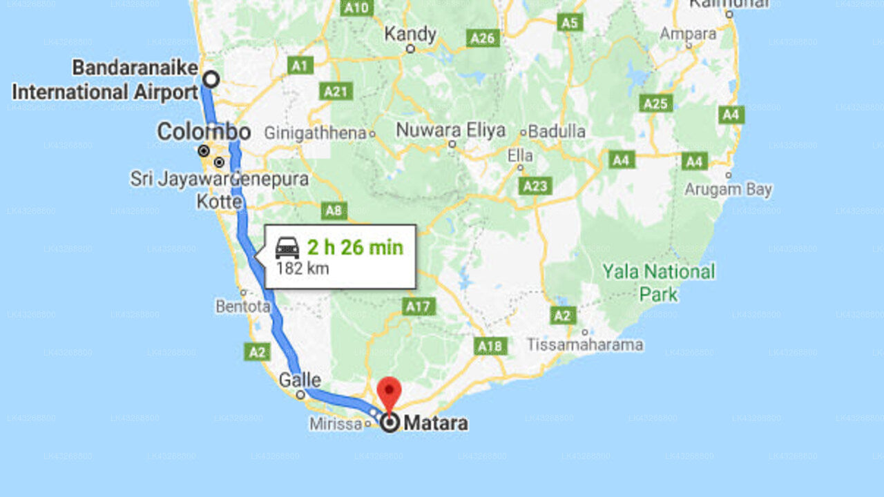 Transfer between Colombo Airport (CMB) and Meda Gedara Villa, Matara